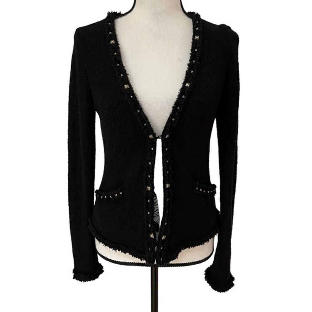 INC International Concepts Black Blazer Fringe Trim Zebra Lining sz S Studded.